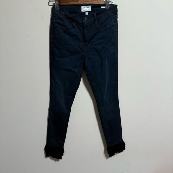 Frame Denim | Byxbee Dark Wash Le High Skinny Jeans with Tiered Fringe- Size 28 - Picture 7 of 14